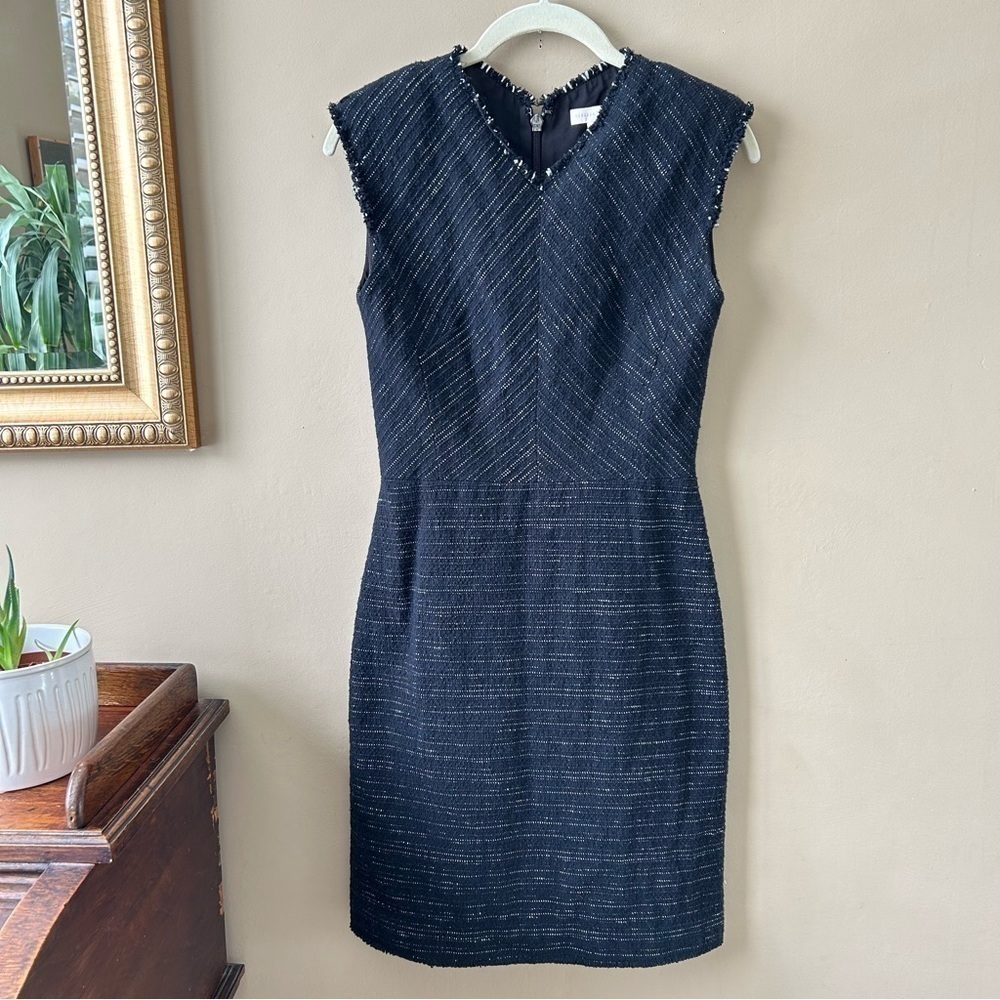 Rebecca Taylor Fringe-Trim Black Tweed V-Neck Sheath Dress Cap Sleeve Size 2